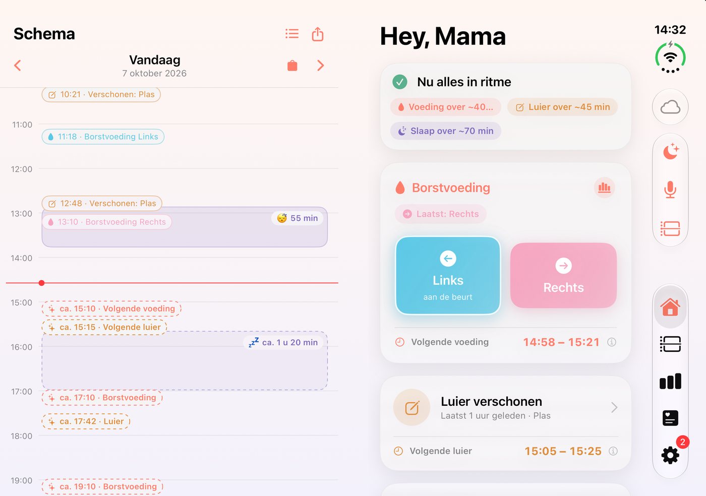 iPhone Duo helemaal open: links het dagschema, rechts de startpagina van HeyFini