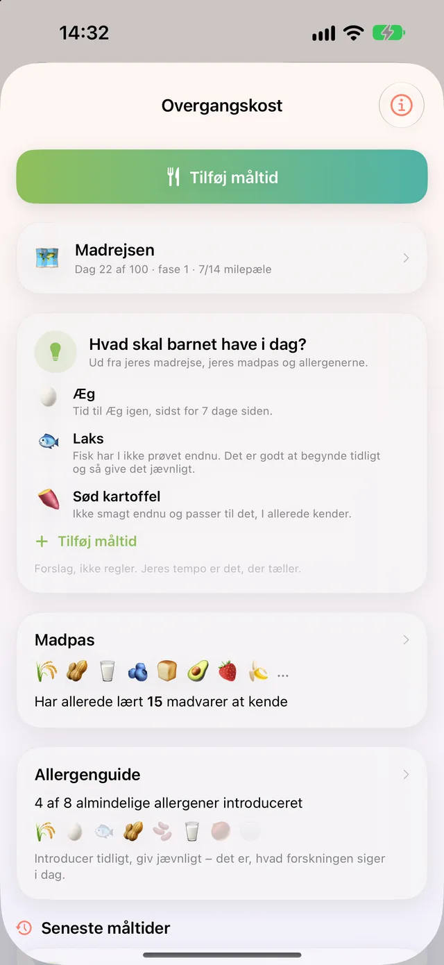 Overgangskost i HeyFini: Madrejsen med milepæle, Madpas med 15 madvarer og Allergenguiden