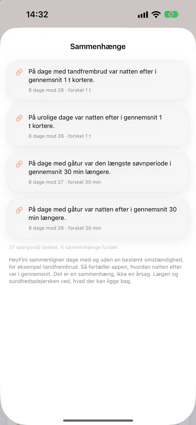 HeyFini-arket Sammenhænge: på dage med tandfrembrud var natten efter i gennemsnit 1 t kortere, 37 spørgsmål tjekket