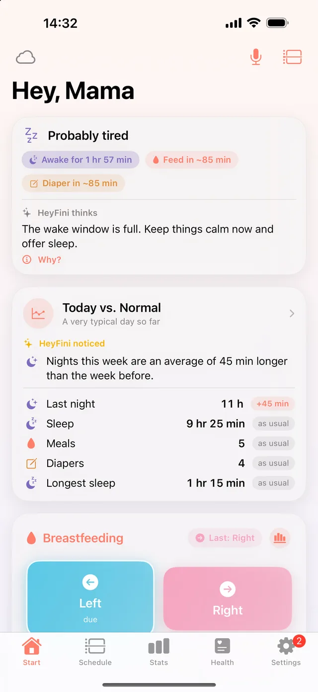 HeyFini home screen with “HeyFini noticed: Nights this week are an average of 45 min longer” and the “Today vs. Normal” card