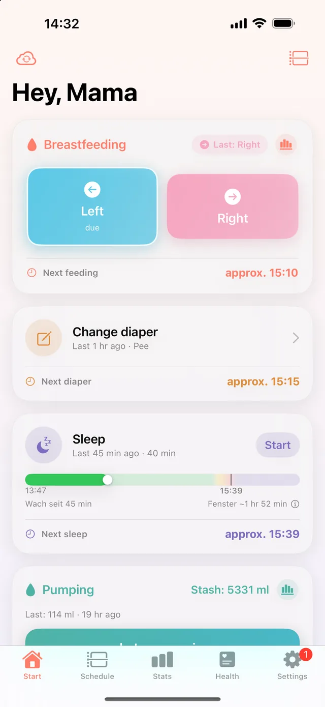 HeyFini home screen with predictions: next feeding approx. 15:10, next diaper approx. 15:15, next sleep approx. 15:20