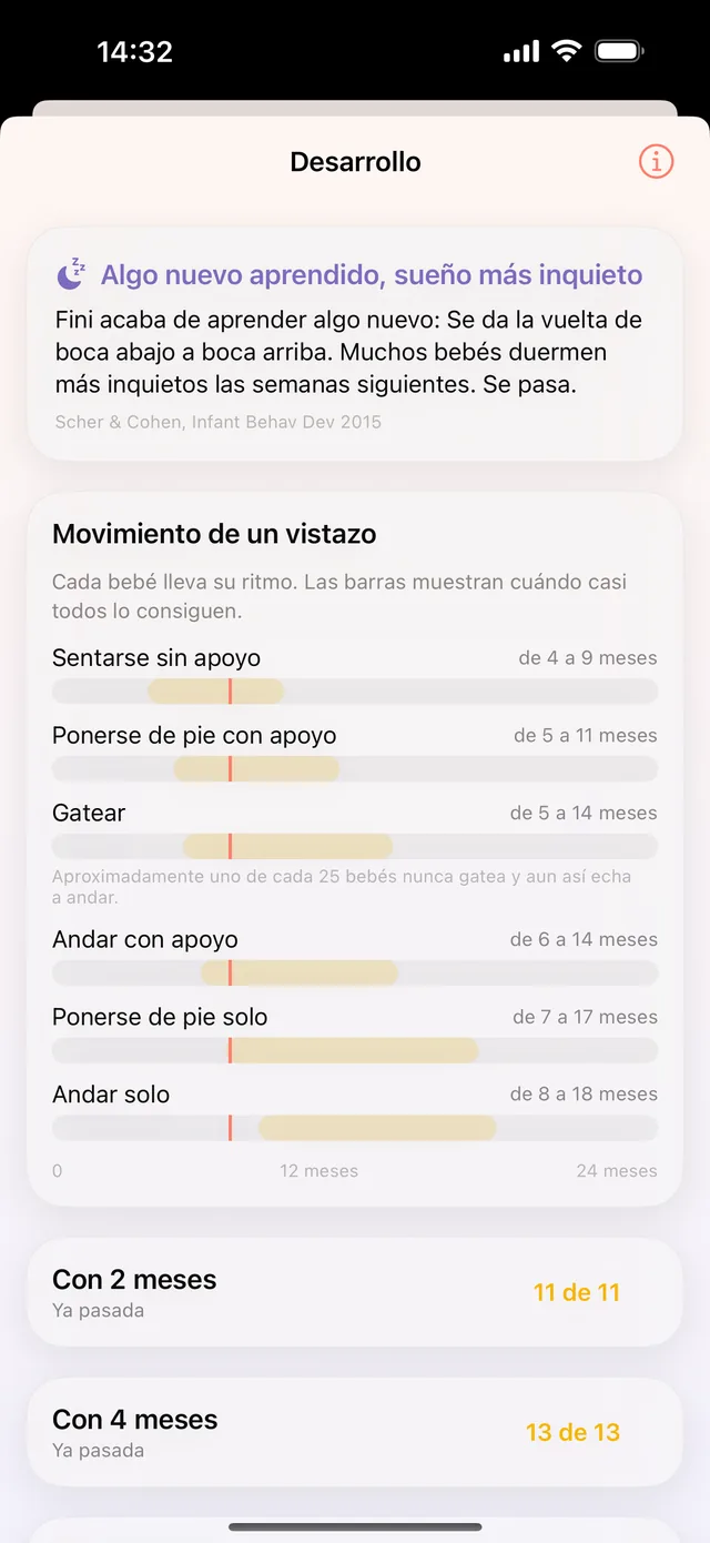 Desarrollo en HeyFini: las ventanas de la OMS para sentarse, gatear y andar como barras, debajo la etapa «Con 6 meses» con hitos marcados