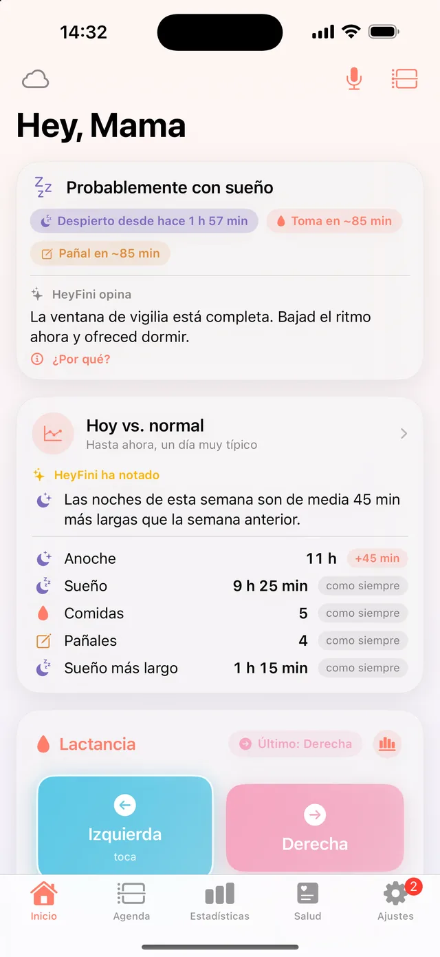 Pantalla de inicio de HeyFini con «HeyFini ha notado: Las noches de esta semana son de media 45 min más largas» y la tarjeta «Hoy vs. normal»