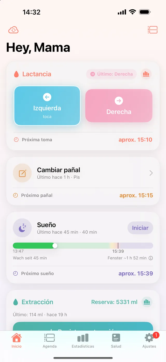 Pantalla de inicio de HeyFini con predicciones: próxima toma aprox. 15:10, próximo pañal aprox. 15:15, próximo sueño aprox. 15:39