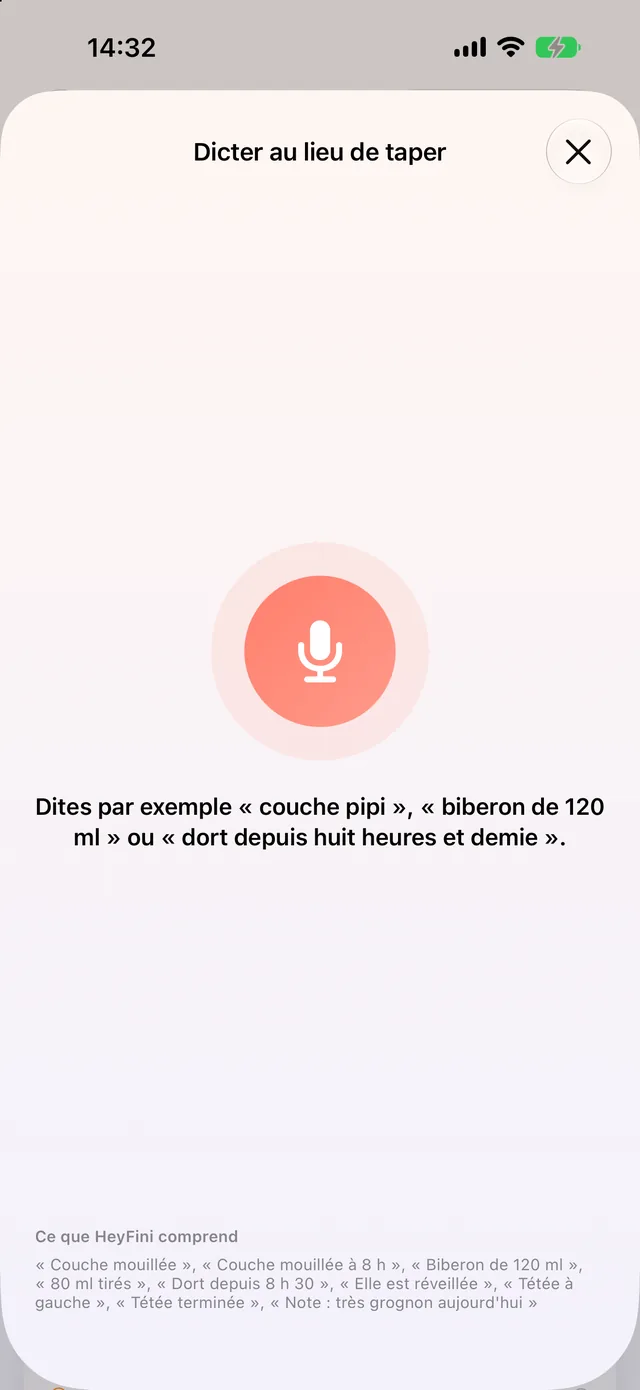 HeyFini dicter au lieu de taper : « biberon 120 ml » compris, bouton Biberon 120 ml