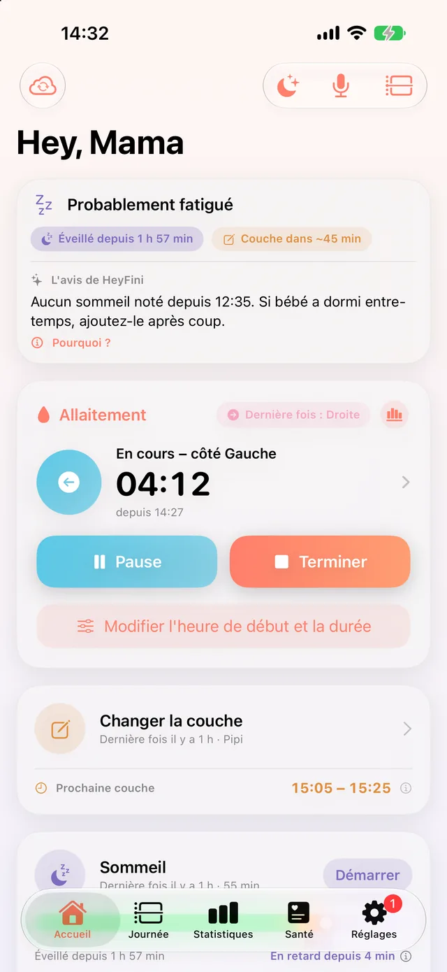 Tétée en cours dans HeyFini : côté gauche, minuteur en direct 04:12