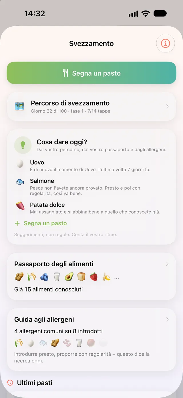 Svezzamento in HeyFini: percorso con tappe, passaporto degli alimenti con 15 alimenti scoperti e compagno allergeni
