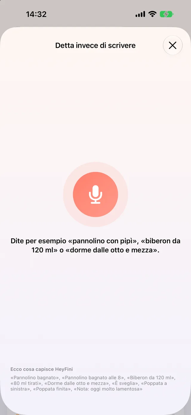 HeyFini dettare invece di scrivere: «biberon 120 ml» capito, pulsante Biberon 120 ml