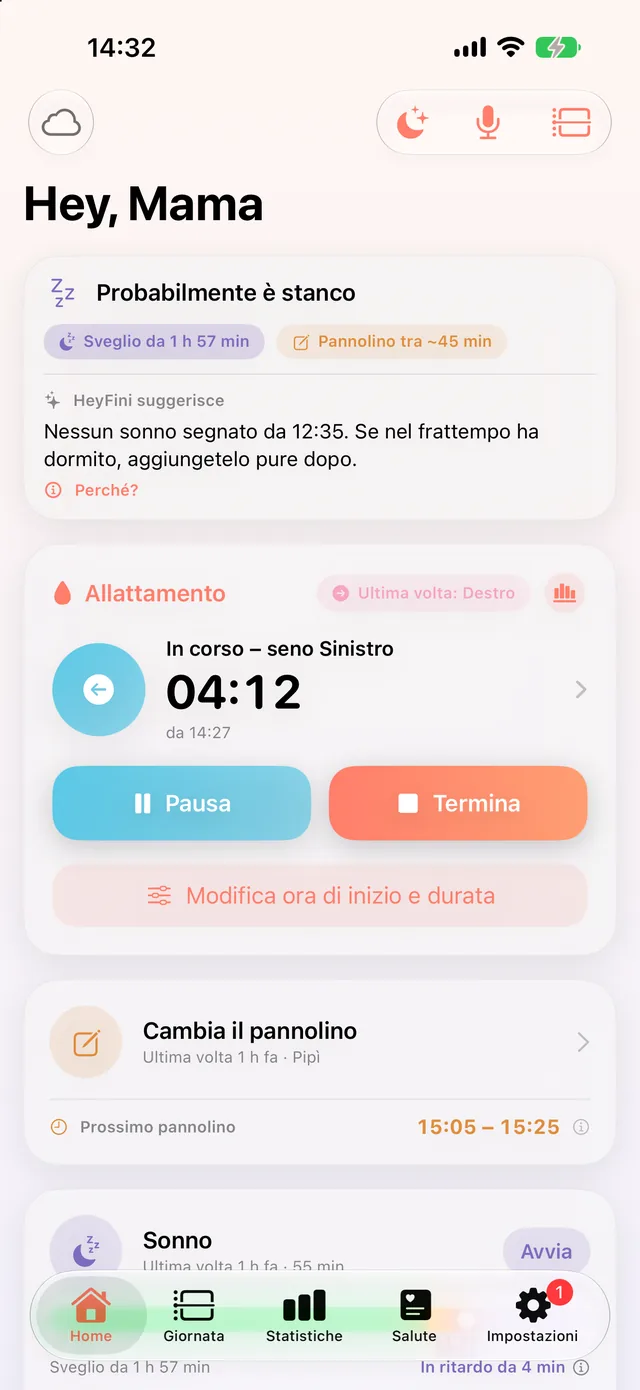 Poppata in corso in HeyFini: lato sinistro, timer in tempo reale 04:12