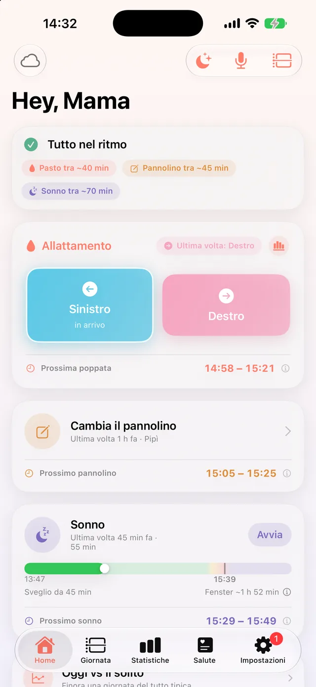 Schermata iniziale di HeyFini con le previsioni come finestra: prossima poppata 15:47 – 16:07, prossimo pannolino 15:47 – 16:07