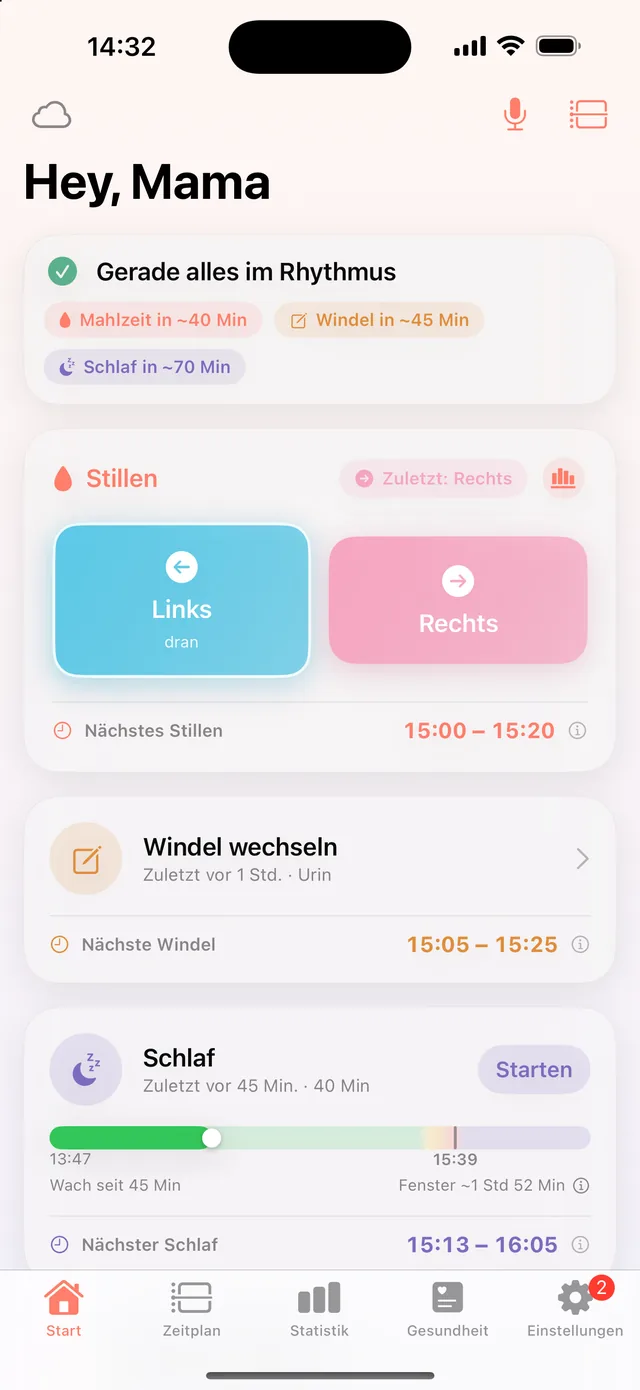 HeyFini-Startseite mit dem Jetzt-Kopf: Wahrscheinlich müde, Wach seit 1 Std 57 Min, Mahlzeit in 85 Min, darunter HeyFini meint: Das Wachfenster ist voll