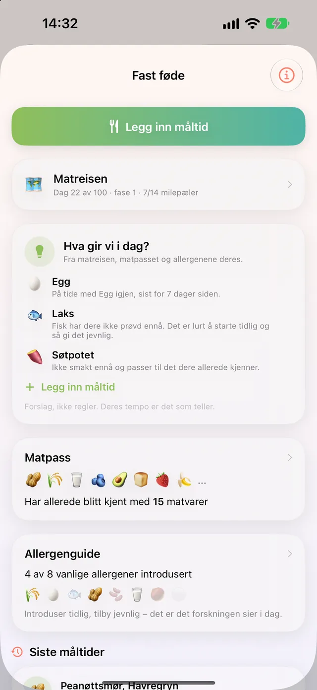 Fast føde i HeyFini: Matreisen med milepæler, Matpass med 15 matvarer og Allergenguide