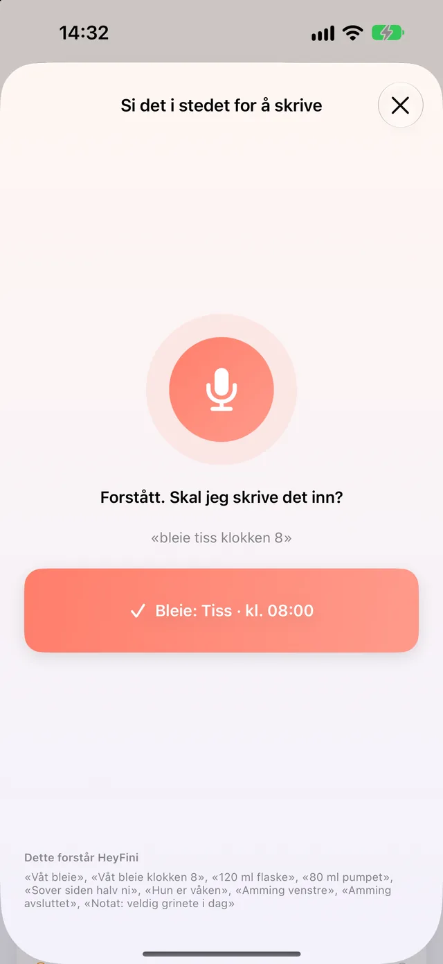 Si det i stedet for å skrive i HeyFini: «120 ml flaske» er forstått, med knappen Legg til flaske 120 ml
