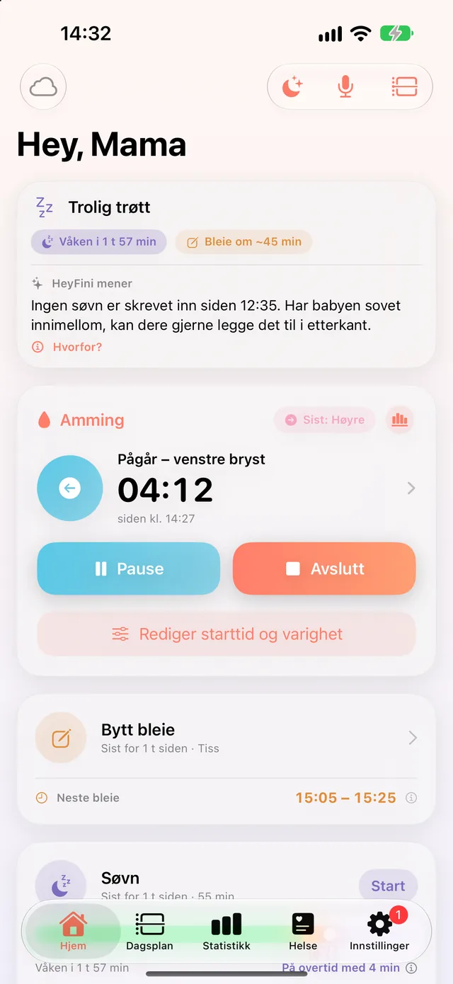 Amming pågår i HeyFini: venstre side, tidtaker på 04:12