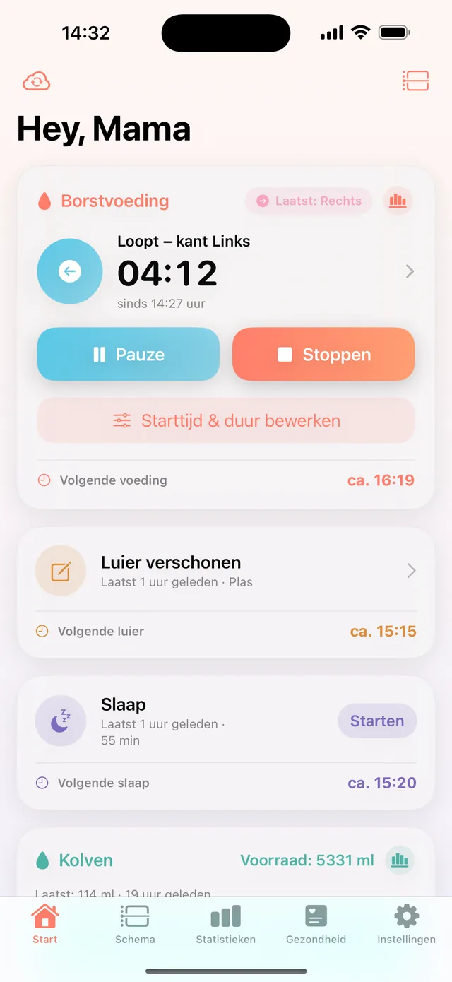 Lopende voedingssessie in HeyFini: kant links, live timer 04:12, pauze- en stopknop