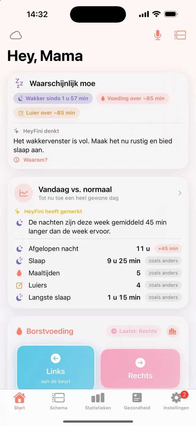HeyFini-startscherm met „HeyFini heeft gemerkt: De nachten zijn deze week gemiddeld 45 min langer” en de kaart „Vandaag vs. normaal”