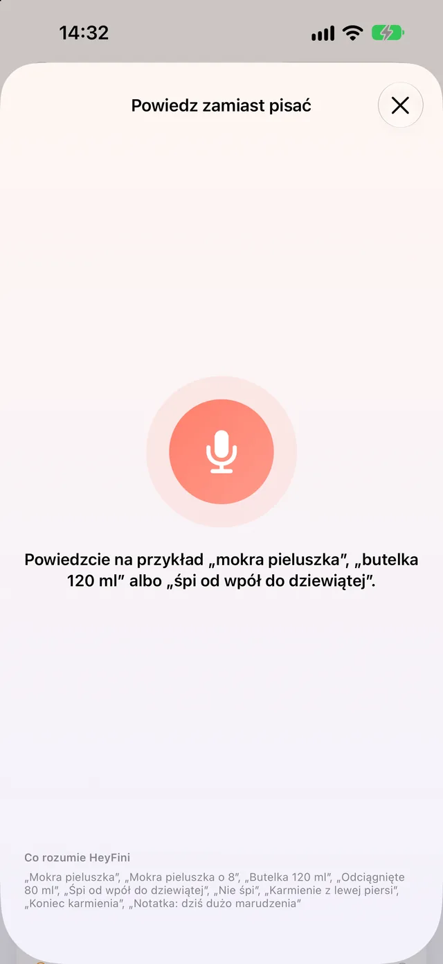 Powiedz zamiast pisać w HeyFini: rozpoznane „butelka 120 ml” i przycisk do zapisania butelki