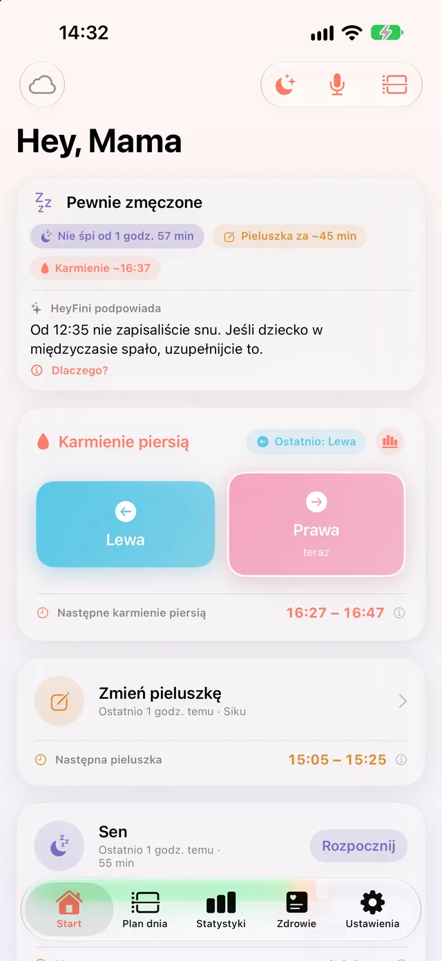 Trwające karmienie w HeyFini: lewa pierś, stoper na żywo 04:12
