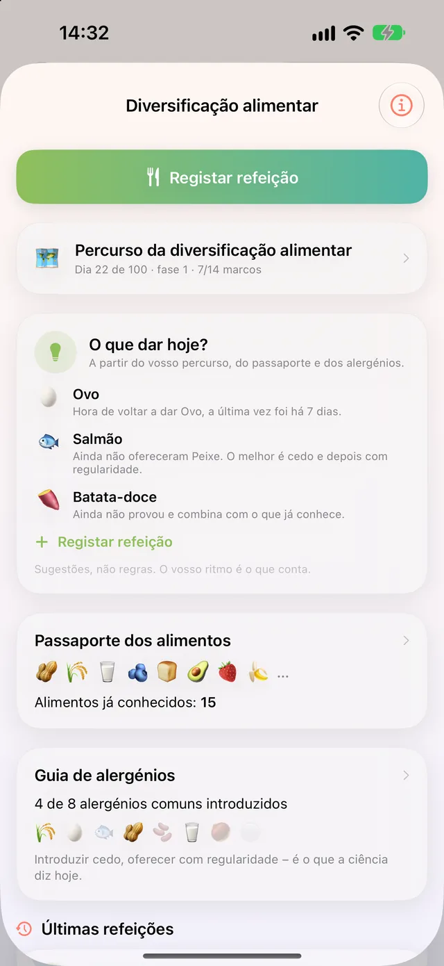 Diversificação alimentar no HeyFini: percurso com etapas, Passaporte dos alimentos com 15 alimentos e Guia de alergénios