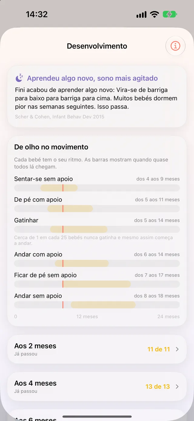 Desenvolvimento no HeyFini: janelas da OMS para sentar, gatinhar e andar em barras, e por baixo a etapa Aos 6 meses com marcos já assinalados