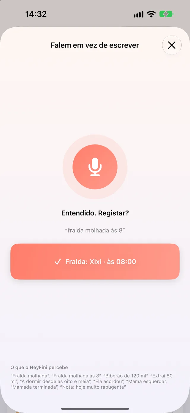 HeyFini, falem em vez de escrever: “biberão de 120 ml” percebido, botão para registar um biberão de 120 ml