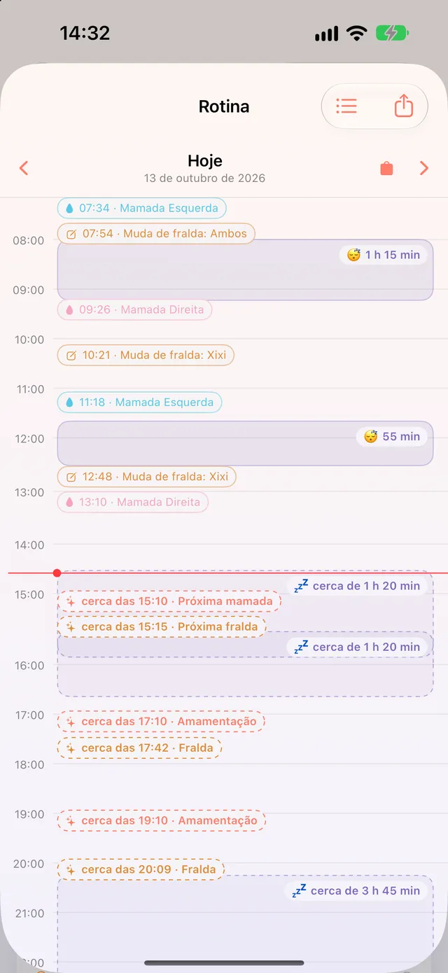 Rotina do HeyFini: vista de 24 horas com os registos anteriores e um bloco de sono previsto de cerca de 1 h 20 min
