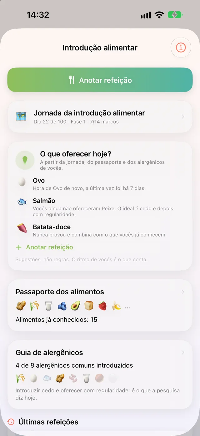 Introdução alimentar no HeyFini: jornada com etapas, passaporte dos alimentos com 15 alimentos e guia de alergênicos