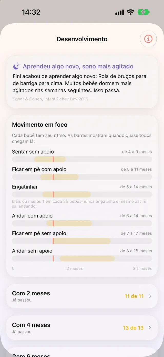 Desenvolvimento no HeyFini: janelas da OMS para sentar, engatinhar e andar como barras, e abaixo a etapa Com 6 meses com marcos já marcados