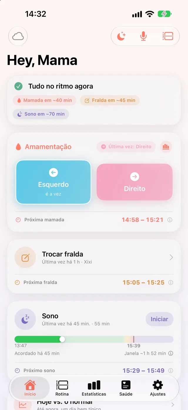 Tela Início do HeyFini com o que vem agora: provavelmente com sono, acordado há 1 h 57 min, refeição em 85 min, e abaixo a sugestão do HeyFini de que a janela de vigília chegou ao fim