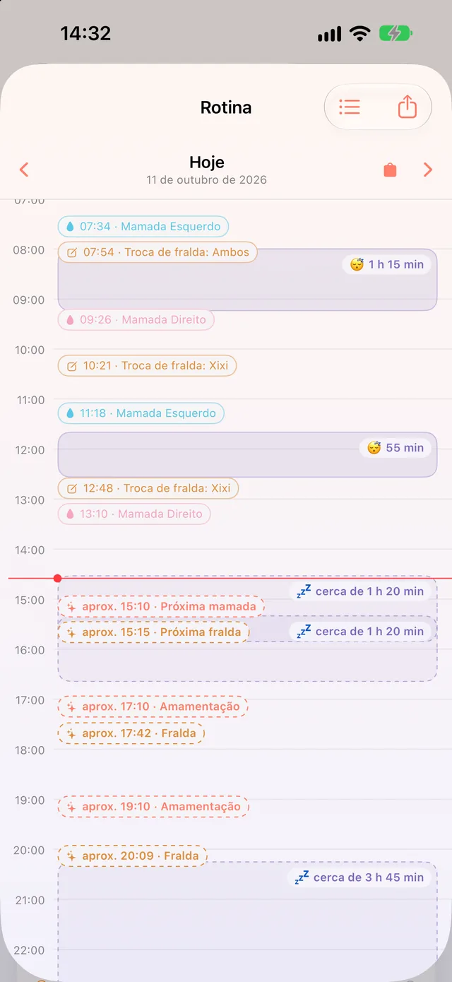 Rotina do HeyFini: visão de 24 horas com os registros anteriores e um bloco de sono previsto de cerca de 1 h 20 min