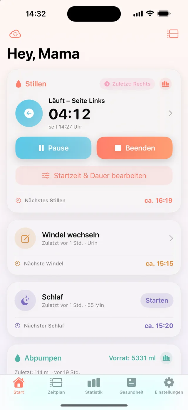 Laufende Still-Sitzung in HeyFini: Seite Links, Live-Timer 04:12, Pause- und Beenden-Knopf