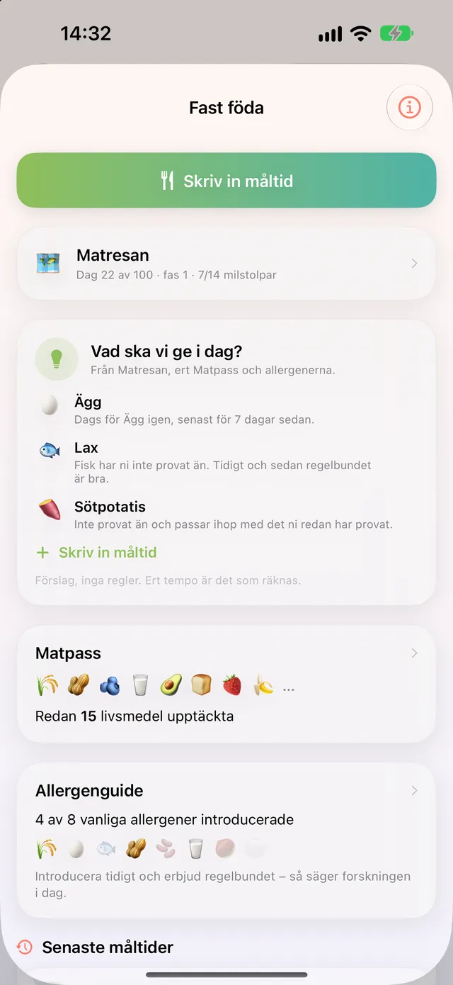 Fast föda i HeyFini: Matresan med milstolpar, Matpasset med 15 livsmedel och Allergenguiden