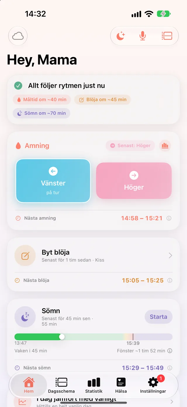 Fliken Hem i HeyFini med det som står på tur nu: troligen trött, vaken i 1 tim 57 min, måltid om 85 min, och under det HeyFinis råd att vakenfönstret är slut