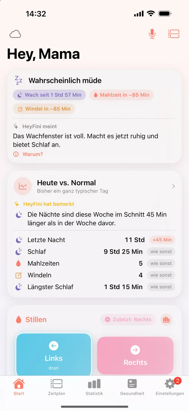 HeyFini-Startseite: „HeyFini hat bemerkt: Die Nächte sind diese Woche im Schnitt 45 Min länger“ und die Karte „Heute vs. Normal“