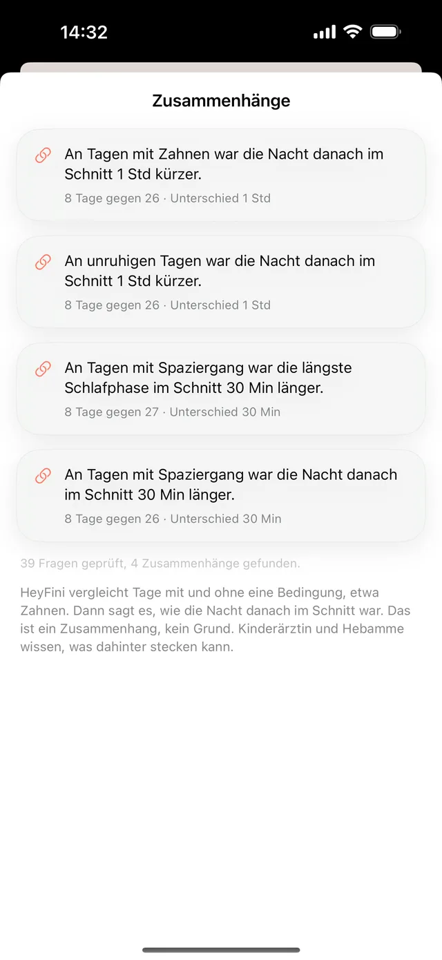 HeyFini-Blatt Zusammenhänge: An Tagen mit Zahnen war die Nacht danach im Schnitt 1 Std kürzer, 36 Fragen geprüft
